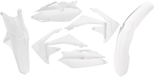 A white Acerbis standard replacement body kit for motorcycles, featuring various body panels and components laid out on a white background.
