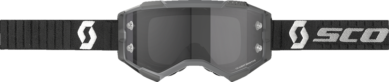 Scott Fury Light Sensitive Goggles in black and gray, designed for engine work, with a sleek, protective fit and adjustable strap.