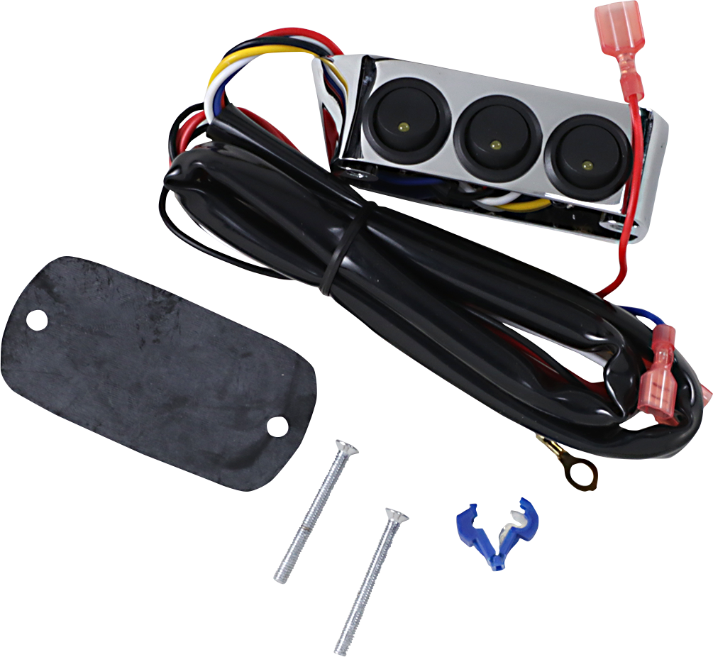 Chrome clutch side switch block assembly for engine, showing detailed metal components and wiring on a shiny chrome surface.