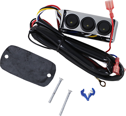 Chrome clutch side switch block assembly for engine, showing detailed metal components and wiring on a shiny chrome surface.