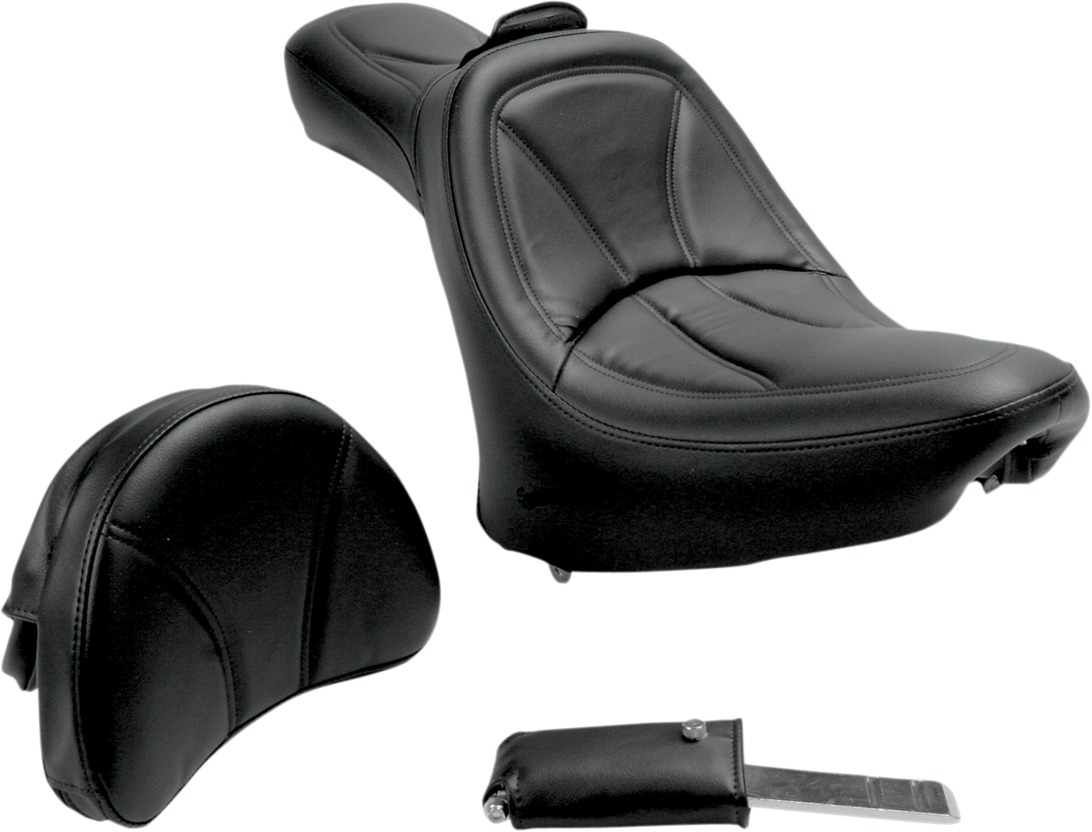 SADDLEMEN King Seat backrest for Softail motorcycle, featuring plush cushioning and sturdy design, installed on a Harley Softail bike.