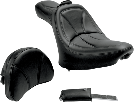 SADDLEMEN King Seat backrest for Softail motorcycle, featuring plush cushioning and sturdy design, installed on a Harley Softail bike.