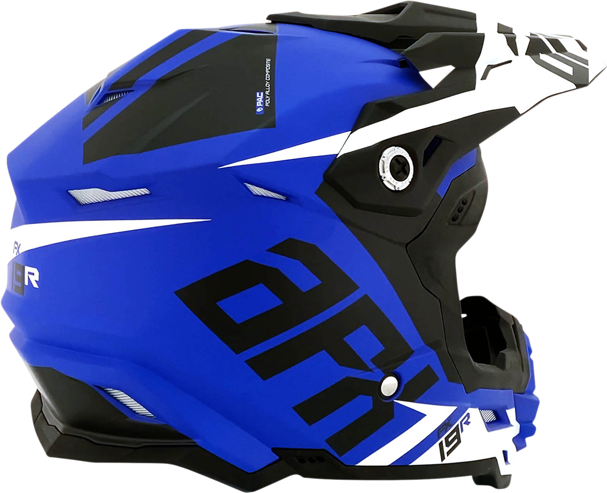 Matte blue AFX FX-19R racing helmet in small size, featuring aerodynamic design and ventilation for high-speed motorcycle racing.