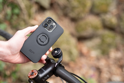 Bill's Exhausts SP CONNECT Handlebar Mount Pro for MTB bike, secure phone holder with adjustable mount on bicycle handlebars.