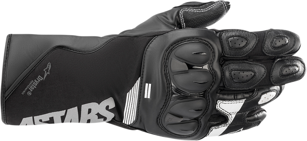 Alpinestars SP-365 Drystar gloves in black and white, large size, featuring protective knuckles and textured grip on the palms.