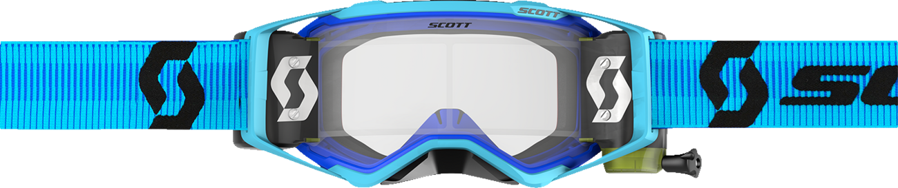 Scott Prospect WFS goggles in blue and black with clear lenses, designed for motorcycling and outdoor sports.