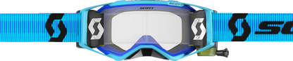 Scott Prospect WFS goggles in blue and black with clear lenses, designed for motorcycling and outdoor sports.