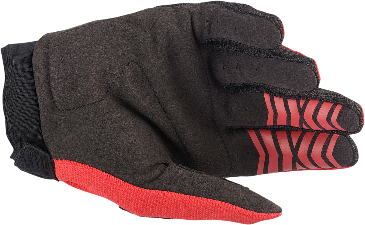 Alpinestars Youth Full Bore motorcycle gloves in bright red and black, medium size, featuring protective padding and secure wrist closure.