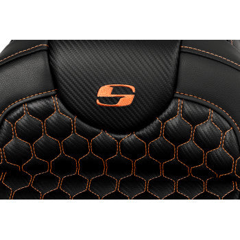 Bill's Exhausts SADDLEMEN RoadSofa™ seat in honeycomb orange stitch, without backrest, designed for FLH/FLT models 2008-2023