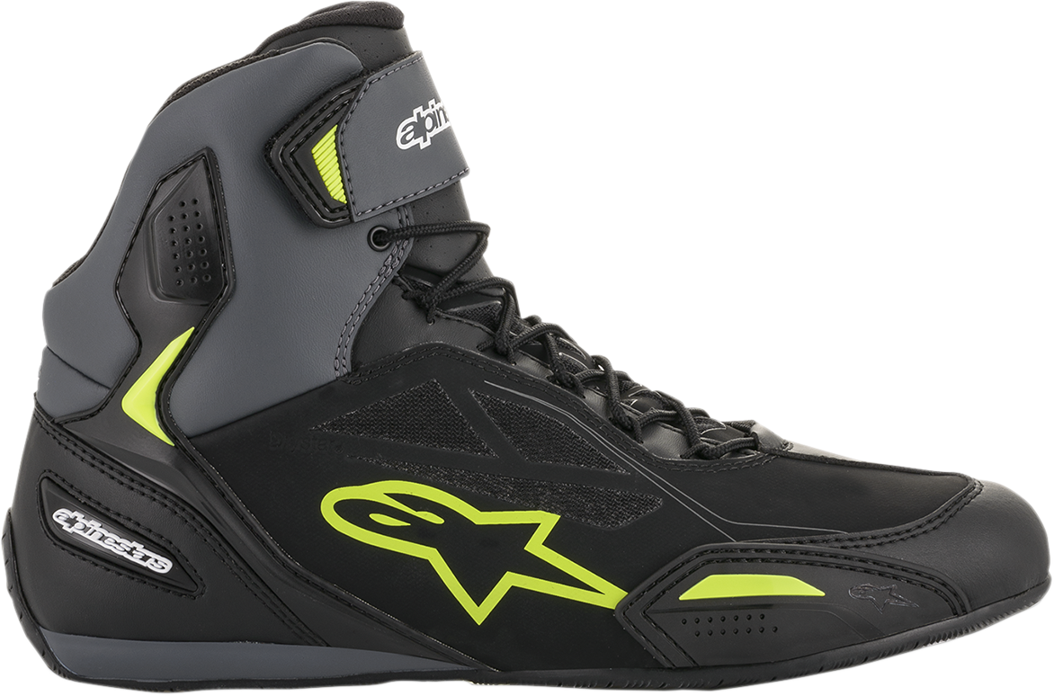 Alpinestars Faster-3 Drystar® riding shoes in black, gray, and yellow, US size 14, with reinforced soles and sporty design.