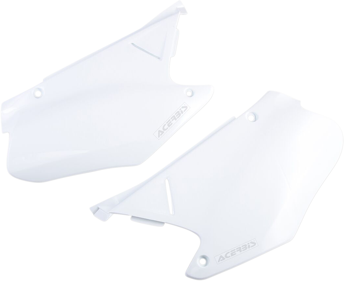 White Acerbis side panels for motorcycle body, shown on a vehicle, with a smooth, contoured design and mounting points.