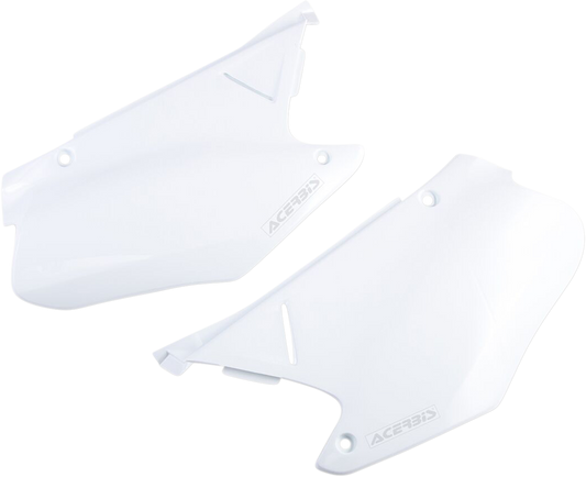 White Acerbis side panels for motorcycle body, shown on a vehicle, with a smooth, contoured design and mounting points.