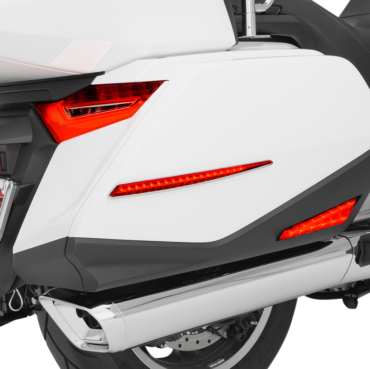 Bill's Exhausts Show Chrome Saddle Bag Side Light for Honda GL1800 motorcycle engine, chrome finish, mounted on side of saddle bag.