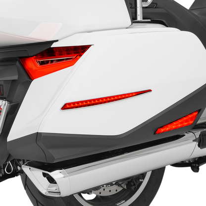 Bill's Exhausts Show Chrome Saddle Bag Side Light for Honda GL1800 motorcycle engine, chrome finish, mounted on side of saddle bag.