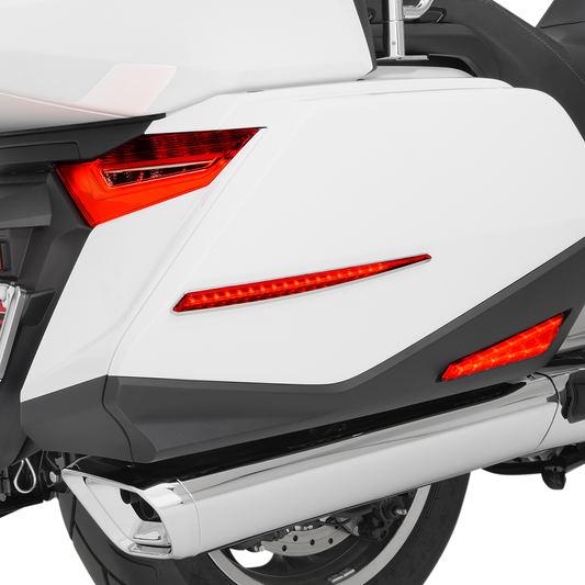 Bill's Exhausts Show Chrome Saddle Bag Side Light for Honda GL1800 motorcycle engine, chrome finish, mounted on side of saddle bag.