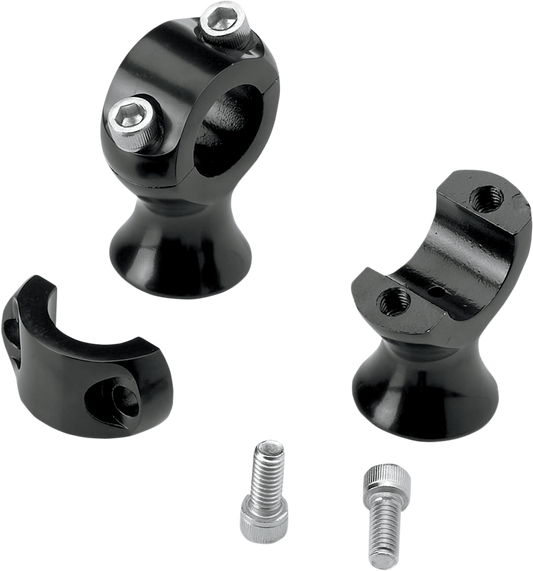 Black BILTWELL Slimline Risers for handlebars, 1-3/4-inch size, shown installed on motorcycle handlebars.