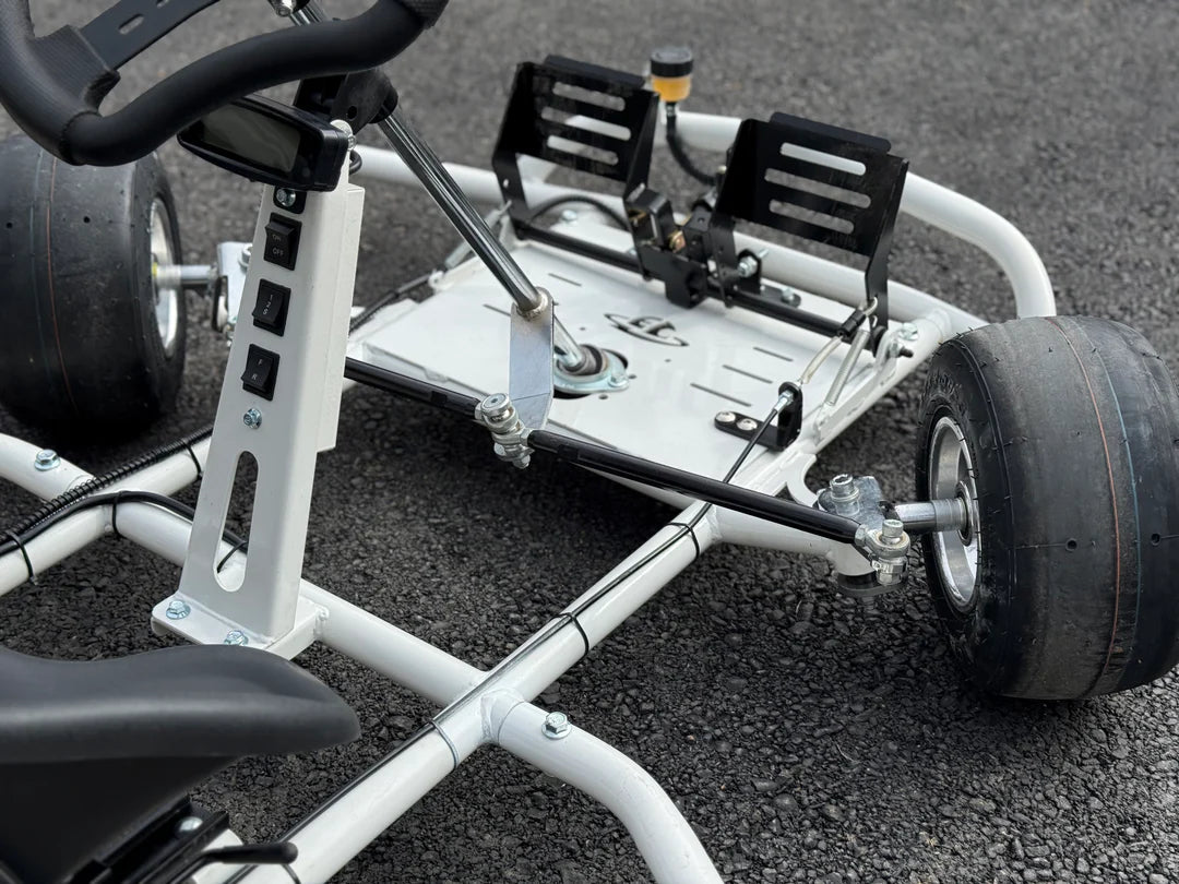 Electro & Co E-Drift Kart electric drift kart with racing seat and steering wheel, ready for outdoor fun and drifting action.