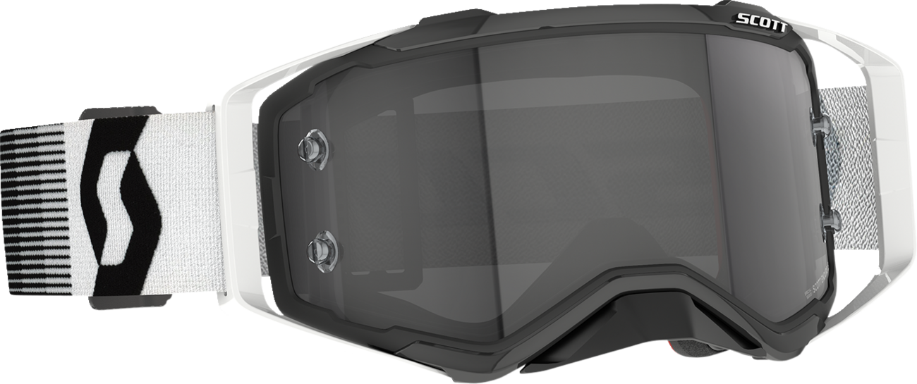 Scott Prospect Sand Dust Goggle in black and white with light-sensitive gray lenses, designed for outdoor activities and protection.