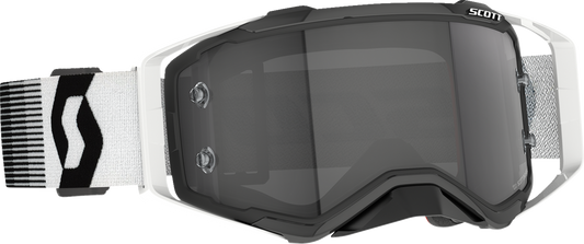 Scott Prospect Sand Dust Goggle in black and white with light-sensitive gray lenses, designed for outdoor activities and protection.