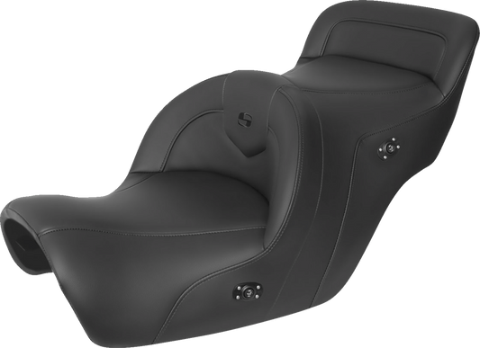 Black SADDLEMEN Heated Roadsofa Seat without backrest, designed for motorcycle comfort, shown in a detailed close-up.