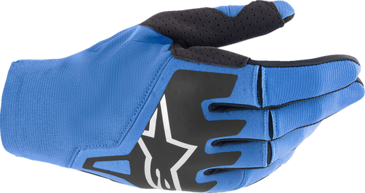 Alpinestars Techstar motorcycle gloves in blue ram and black, small size, showing the protective design and branding details.