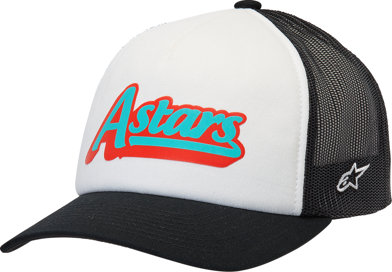 Alpinestars Delivery Trucker Hat in white and black, adjustable one size, featuring the Alpinestars logo on the front.