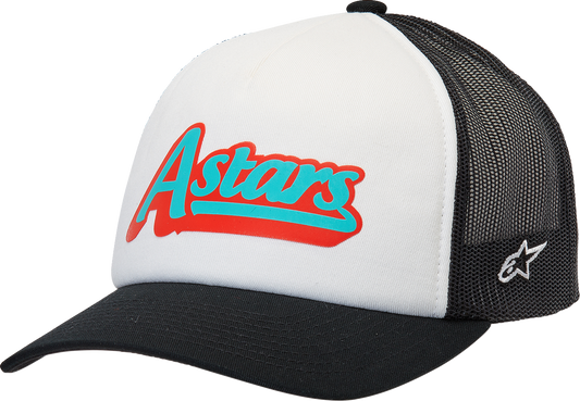 Alpinestars Delivery Trucker Hat in white and black, adjustable one size, featuring the Alpinestars logo on the front.