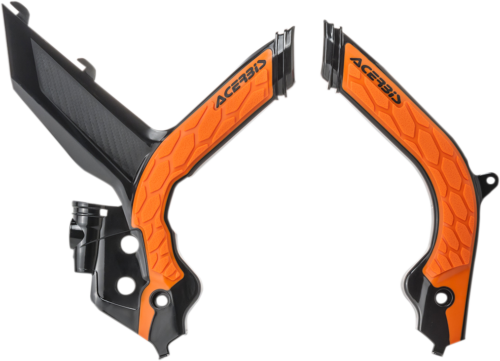 A set of ACERBIS X-Grip black and orange motorcycle frame guards with textured surface and mounting points for body protection.