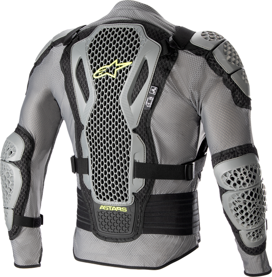 Alpinestars Bionic Action V2 protective jacket in gray, black, and yellow with visible padding and armor for motorcycle riding protection.