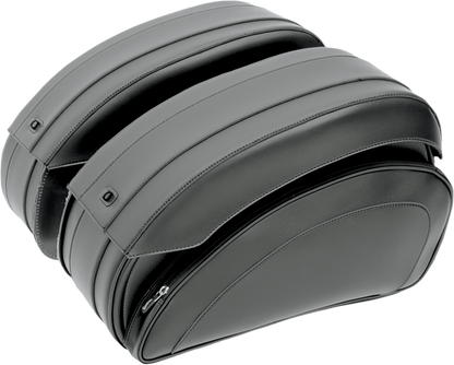 Black SADDLEMEN Deluxe Throwover Saddlebag for seats from Bill's Exhausts, featuring durable material and secure attachment straps.