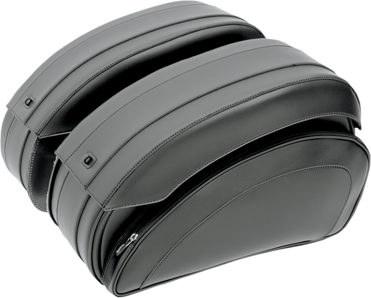 Bill's Exhausts Cruis'n Deluxe Saddlebags with mounting hardware for SADDLEMEN seats, designed for motorcycle storage and style.