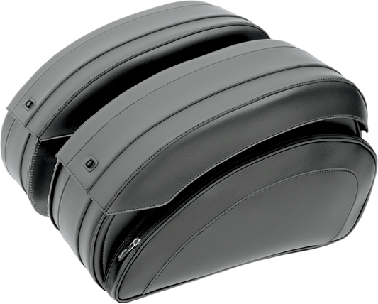 Bill's Exhausts Cruis'n Deluxe Saddlebags with mounting hardware for SADDLEMEN seats, designed for motorcycle storage and style.