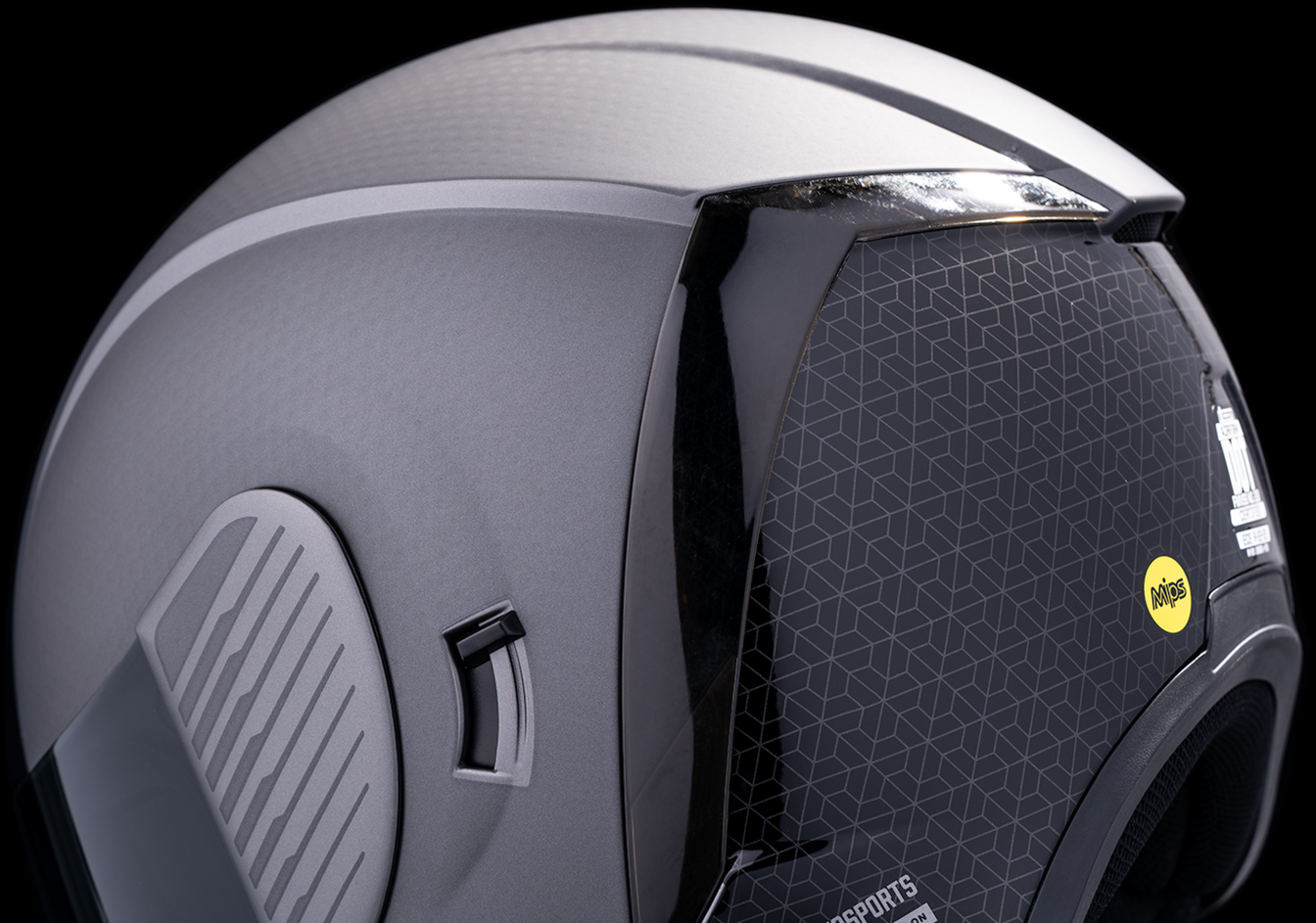 Bill's Exhausts ICON Airform™ Helmet with MIPS® in Silver, large size, featuring sleek design and protective safety features.