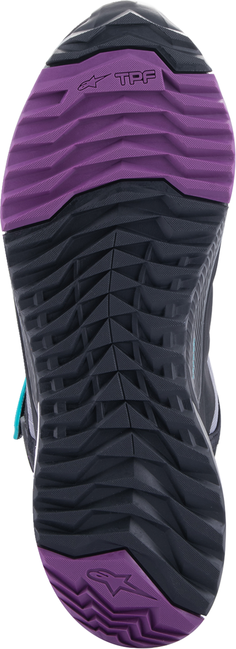 Alpinestars Stella CR-X Drystar shoes in black, gray, teal, and purple with sporty design and adjustable laces, US size 10.