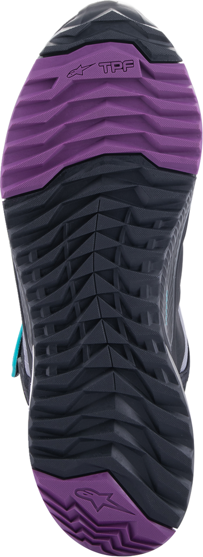 Alpinestars Stella CR-X Drystar® motorcycle shoes in black, gray, teal, and purple with US 6.5 size, showing side view.