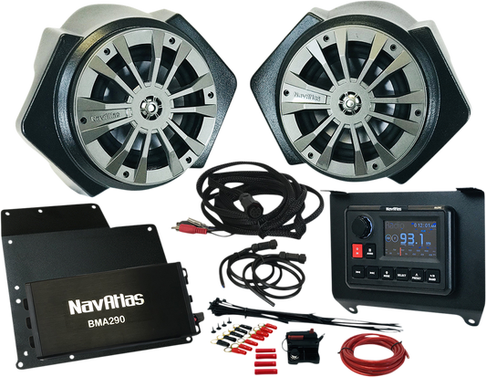 Bill's Exhausts NAVATLAS Audio Kit Zone 2 speakers for Turbo RZR1, showcasing sleek design and high-quality audio components.