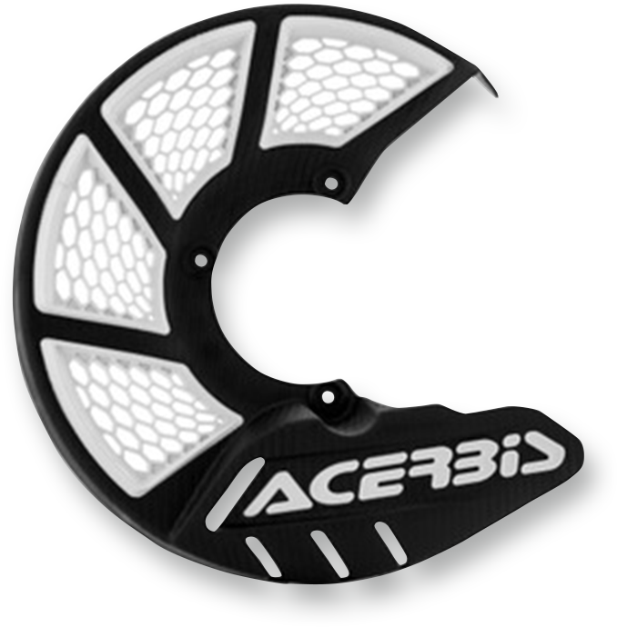 Acerbis X-Brake Disc Cover in black and white, mounted on a motorcycle body, showcasing its sleek protective design.