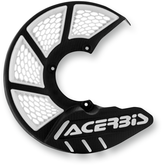 Acerbis X-Brake Disc Cover in black and white, mounted on a motorcycle body, showcasing its sleek protective design.