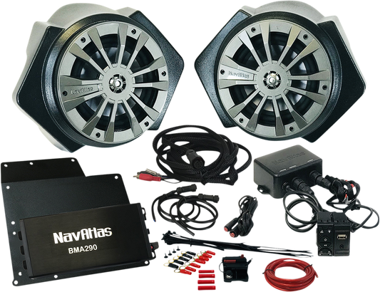 Bill's Exhausts NAVATLAS Audio Kit Zone 2 speakers for RZR RZR2, featuring compact design and high-quality audio components.
