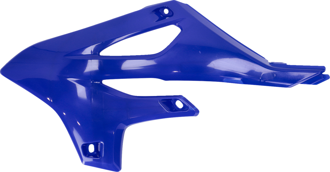 Blue ACERBIS radiator shrouds for motorcycle body, featuring Bill's Exhausts branding and detailed design.