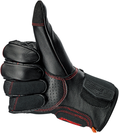 Red BILTWELL Borrego Gloves in XL size, showing textured leather grip and vibrant redline design for motorcycle riding comfort.