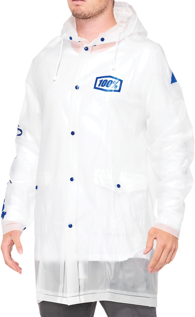 Bill's Exhausts 100% Torrent Raincoat in clear, medium size, lightweight waterproof jacket with hood and full-length front zipper.