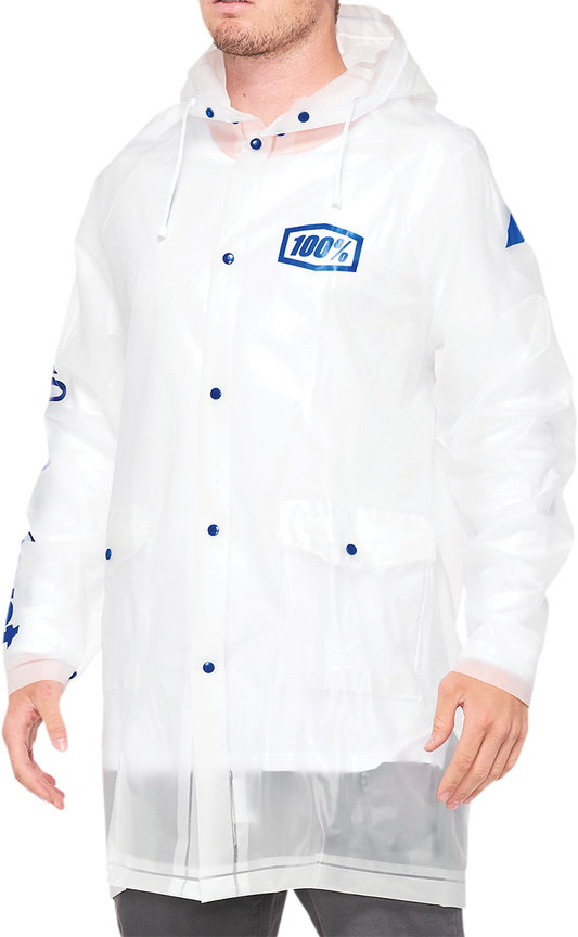 Bill's Exhausts 100% Torrent Raincoat in clear, medium size, lightweight waterproof jacket with hood and full-length front zipper.