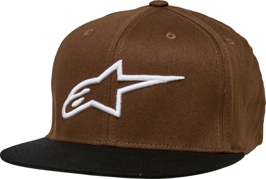 Alpinestars Ageless flat bill hat in brown and black, small/medium size, displayed with front view and adjustable strap
