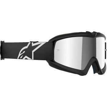 Alpinestars Youth Vision Goggle in black with silver mirror lens, designed for motorcycle or sports use, shown on a white background.