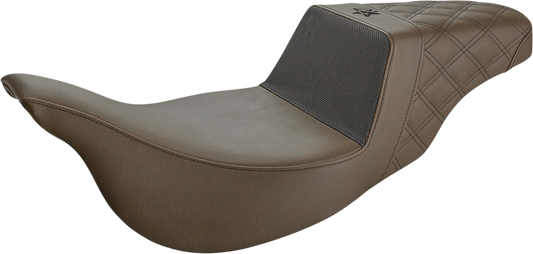 Saddlemens Unknown Industries extended reach motorcycle seat in brown with carbon fiber, gripper surface, and lattice stitching for FL 2008-2023