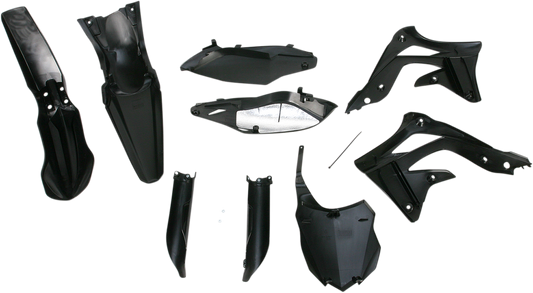 A black Acerbis full replacement body kit for motorcycles, featuring sleek panels and aerodynamic design.
