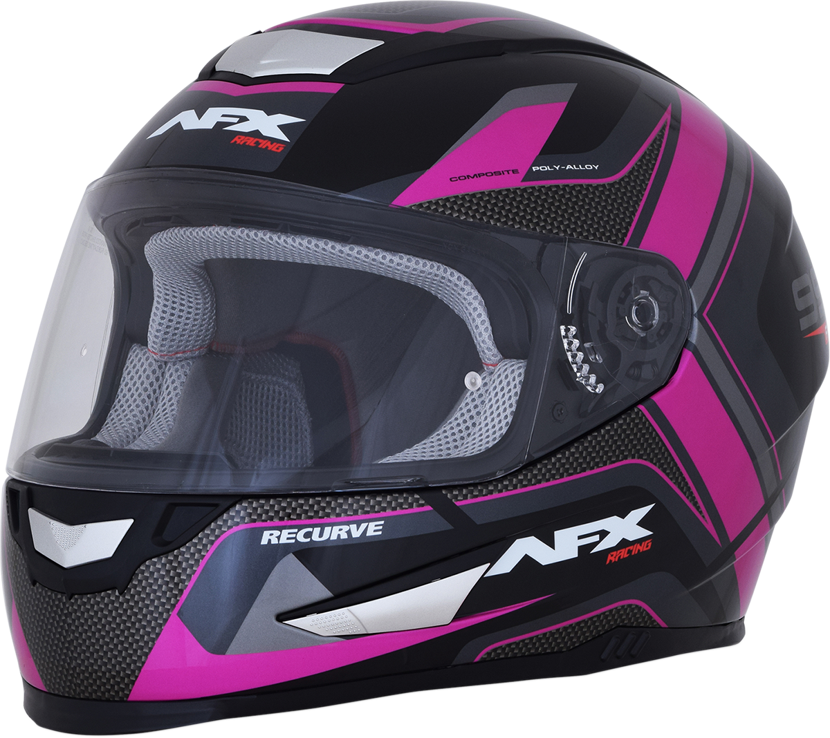 Black and fuchsia AFX FX-99 recurve helmet in small size with aerodynamic design, featuring a sleek visor and ventilation vents.