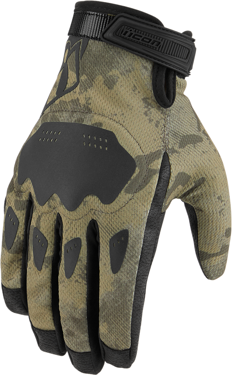 Bill's Exhausts ICON Hooligan™ CE gloves in tan camo, large size, with rugged fabric and reinforced knuckles for protection.