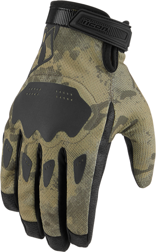 Bill's Exhausts ICON Hooligan™ CE gloves in tan camo, large size, with rugged fabric and reinforced knuckles for protection.